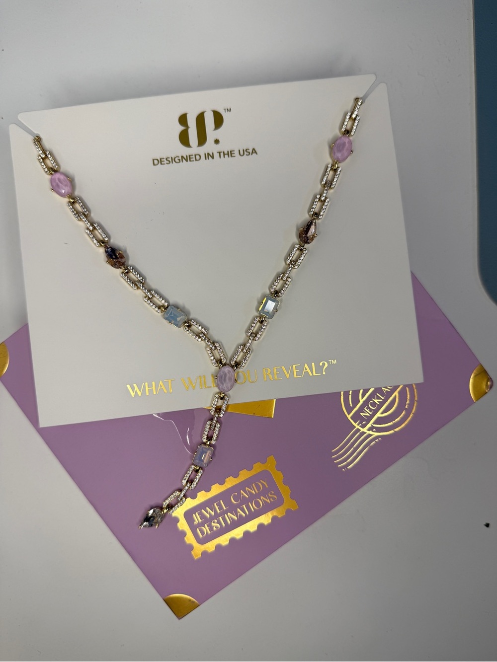 Desert Oasis on Gold- BP Necklace with Pink and Pastel Blue Stones - RARE UNI
